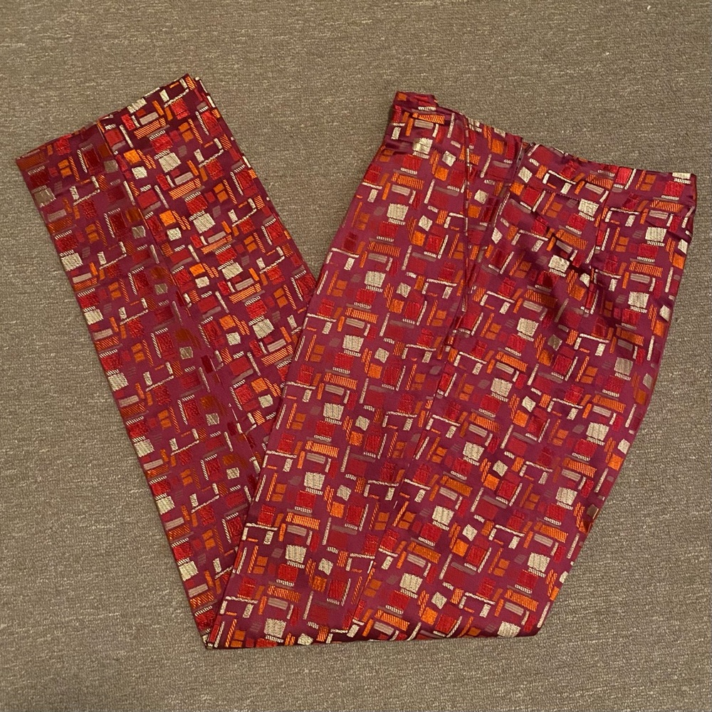 Silk Box Pants Red and Orange Geometric Plaid Brocade Pleated Trousers Size 2